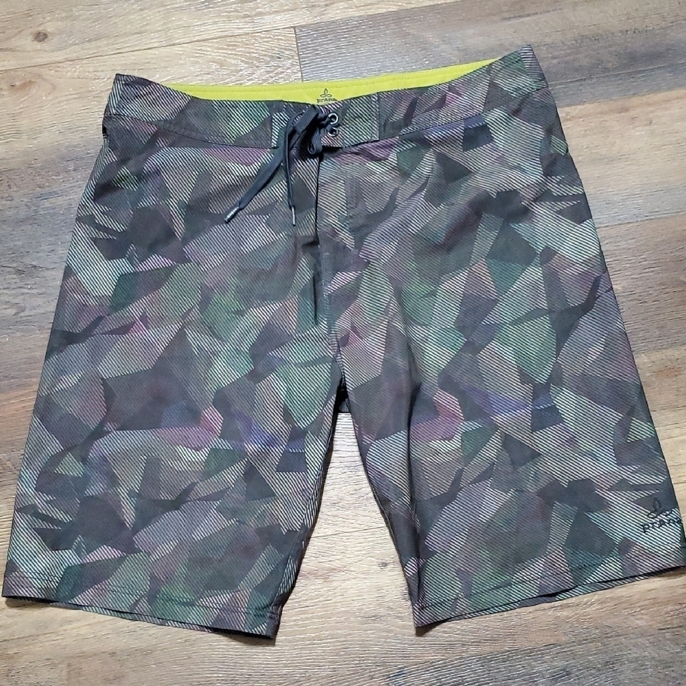 Prana Hybrid Green and Purple Board Shorts with  Geometric Design